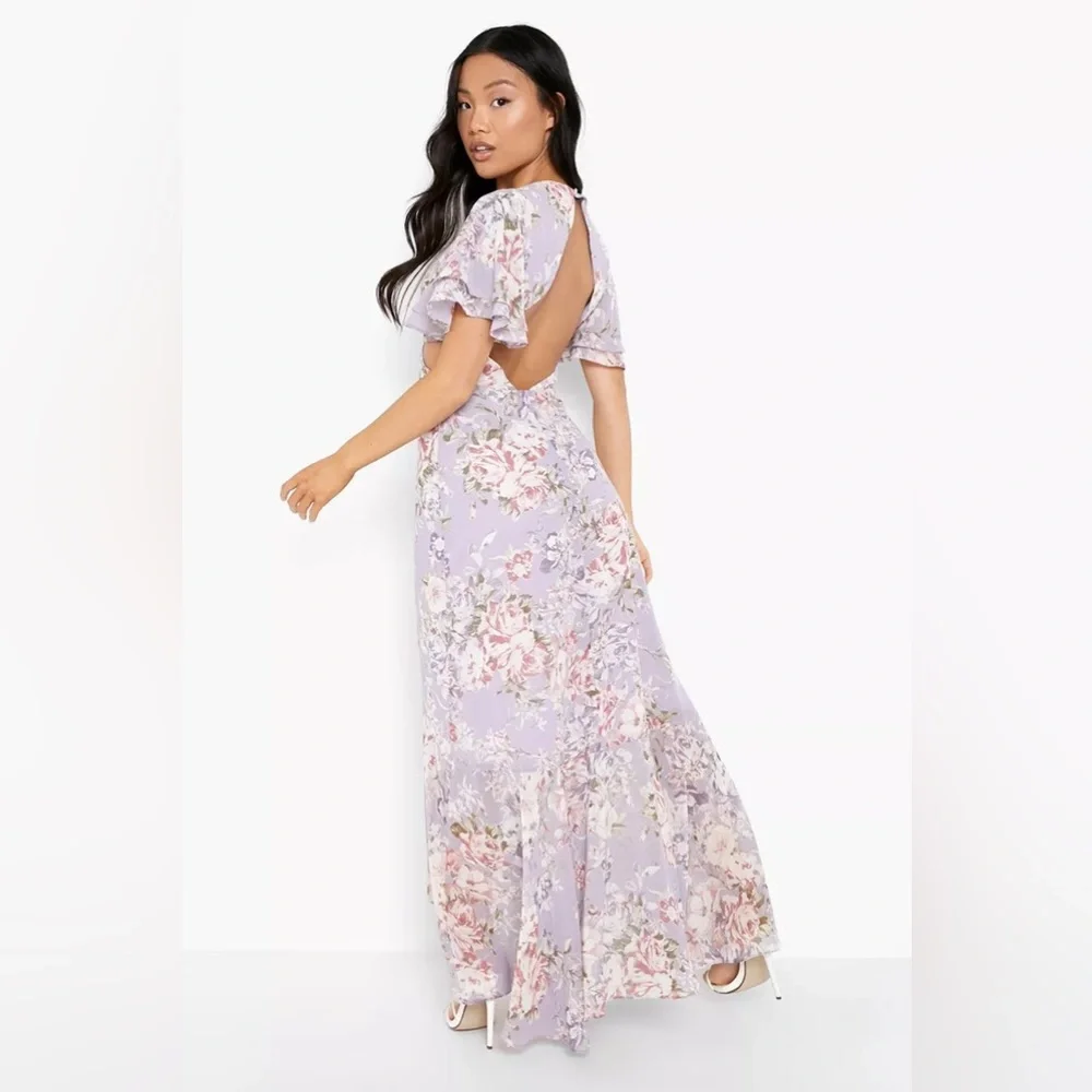 Floral Lavender Maxi Print Angel Sleeve Long Cut Out Open Back Dress - Picture 3 of 7